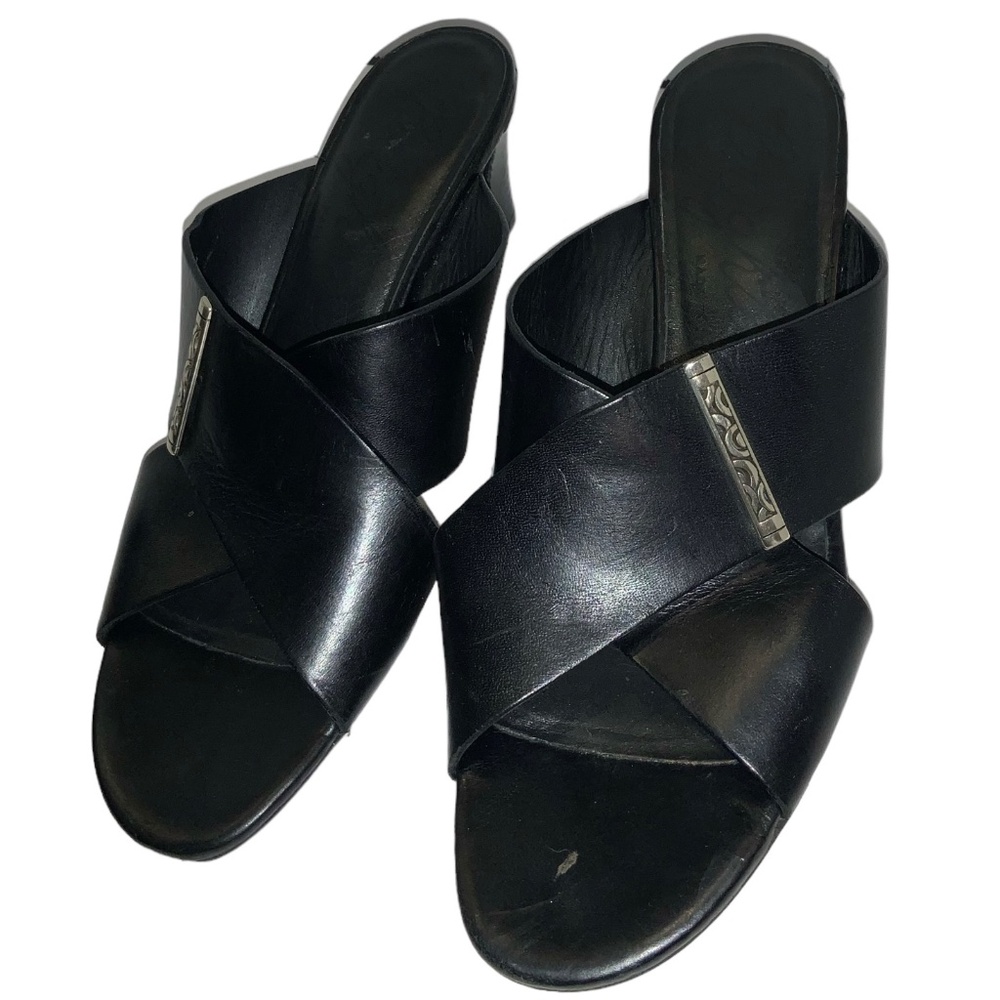 Brighton TIEGS Criss Cross Strap Black Leather Slide In Mule Sandal Heels 7.5